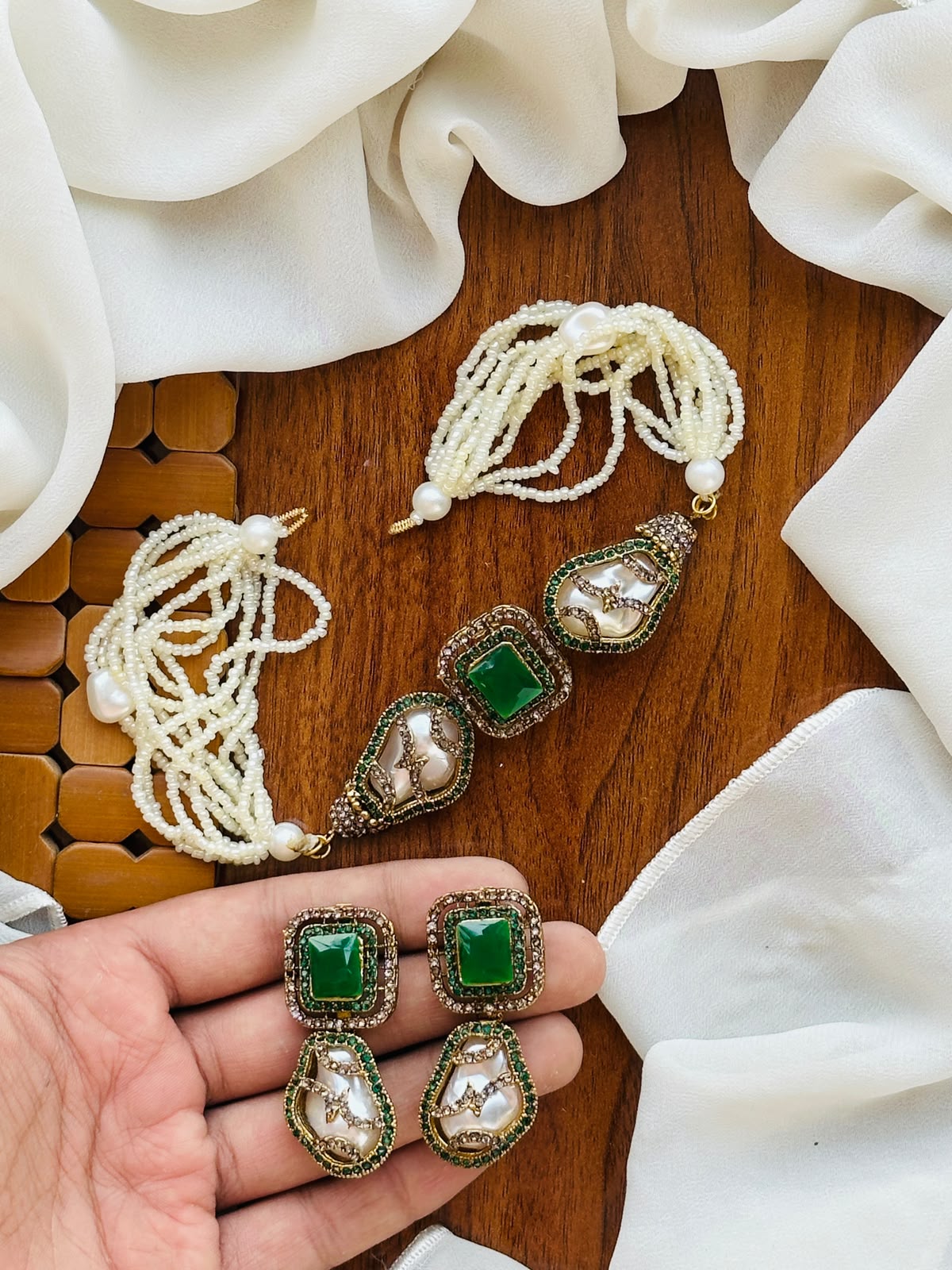 Casual Wear-Green Emerald and Baroque Pearl Set