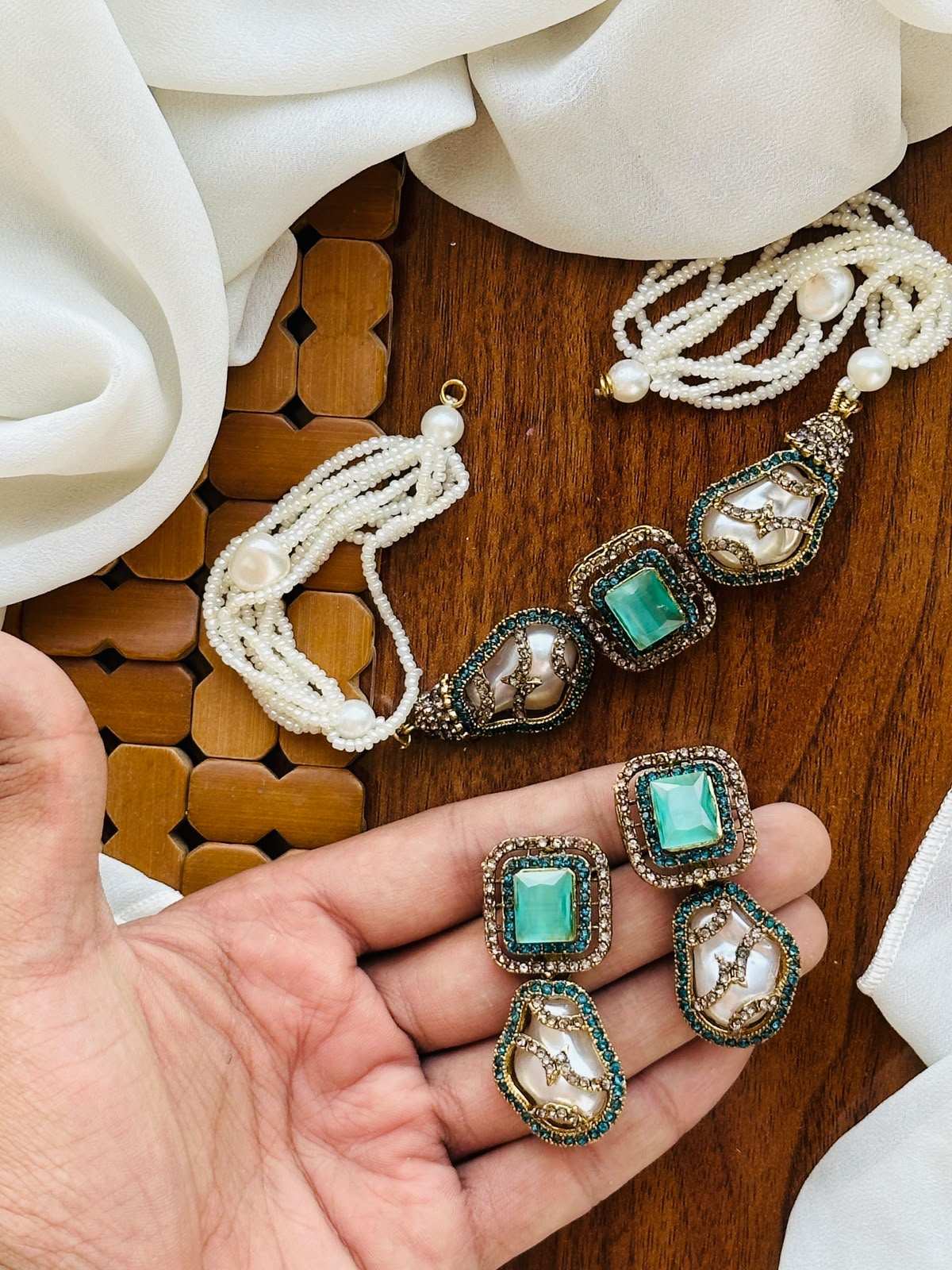 Casual Wear-Mint Green and Baroque Pearl Set.