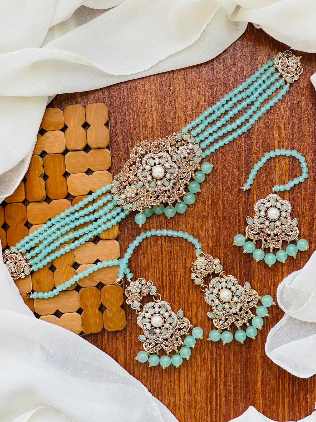 Casual Wear-3-Piece Seafoam Mint Green Choker & Jewelry Set.