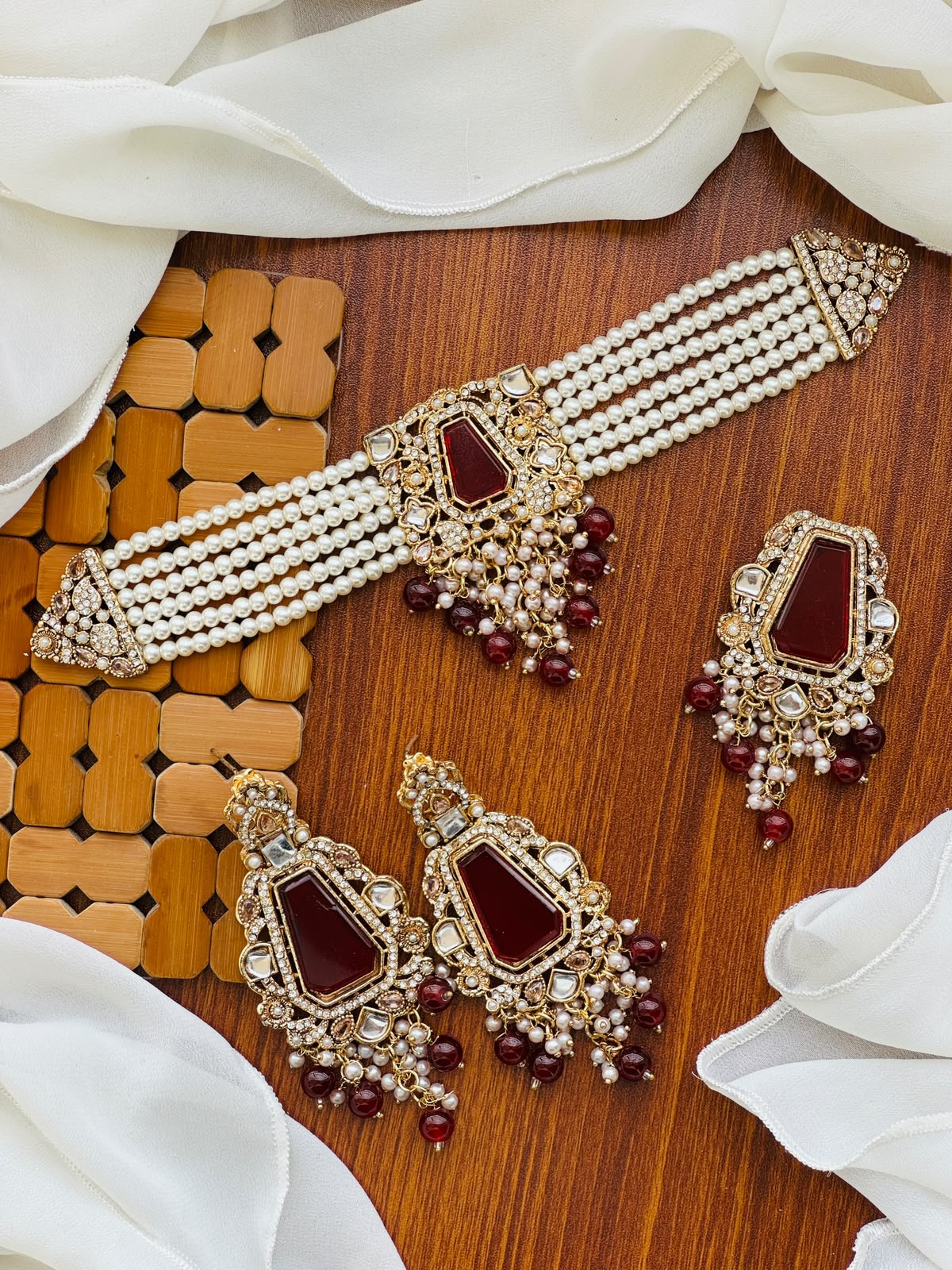 Casual Wear-Ruby Red Kundan Choker, Earrings & Tikka Set