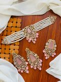 Casual Wear-Powder Pink Kundan & Pearl Choker Set