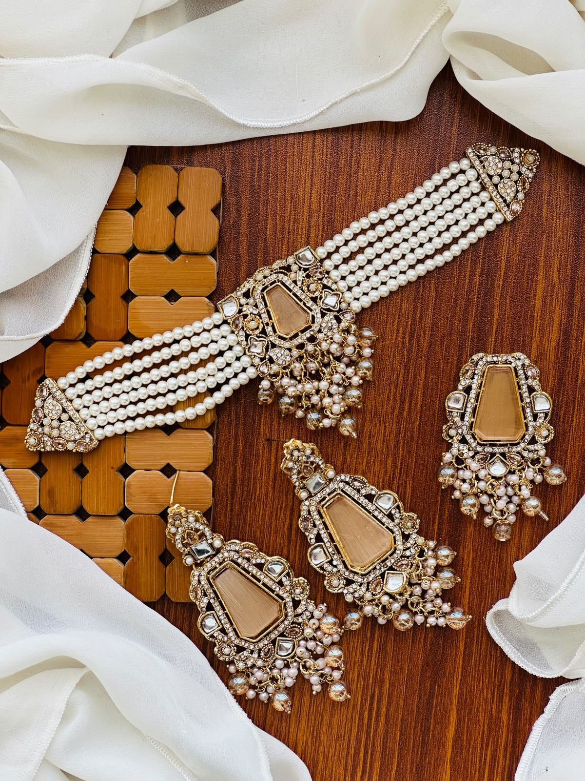Casual Wear - Champagne Gold & Pearl White Kundan Choker Set
