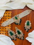 Casual Wear-Emerald Green Kundan Choker & Earrings Set