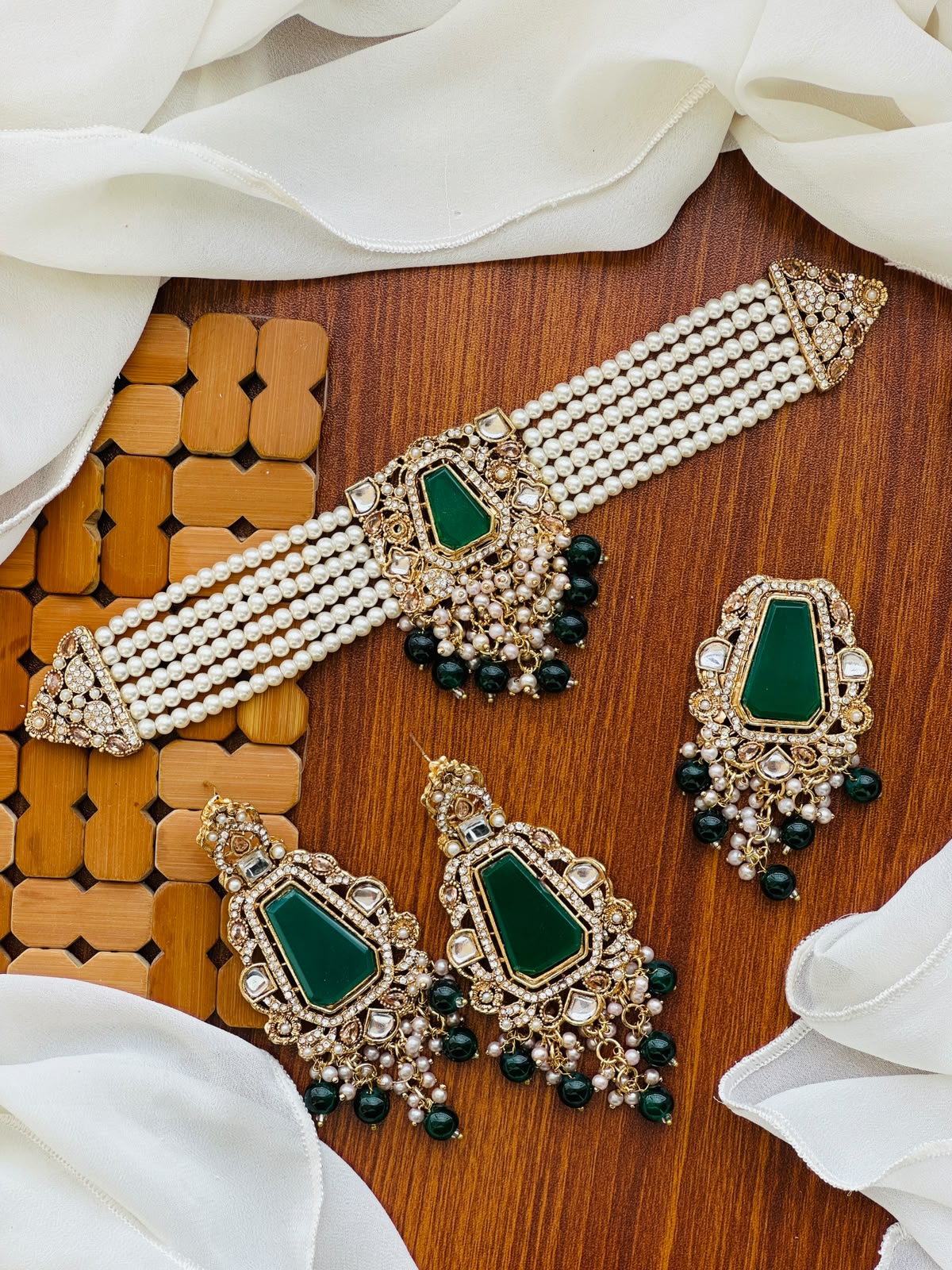Casual Wear-Emerald Green Kundan Choker & Earrings Set