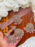 Casual Wear-Circular Swirl Choker, Earrings & Maang Tikka Set
