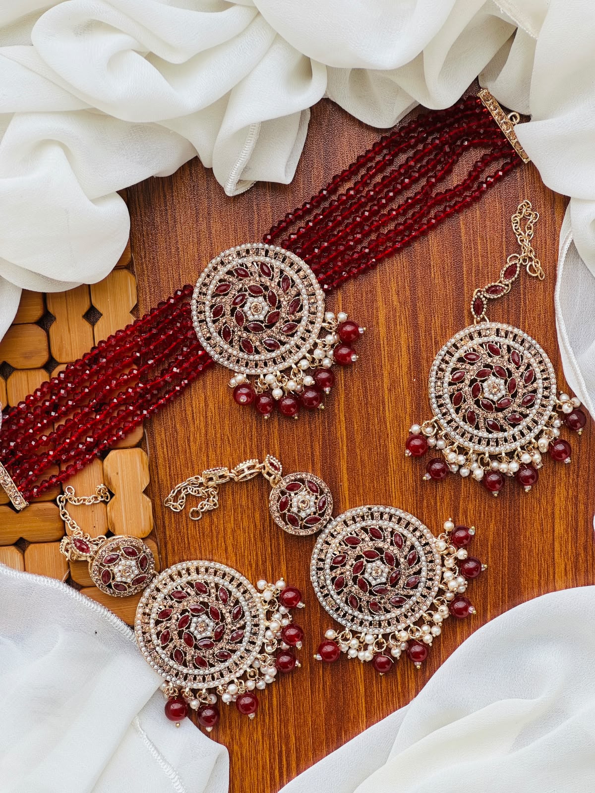Casual Wear-Circular Swirl Choker, Earrings & Maang Tikka Set