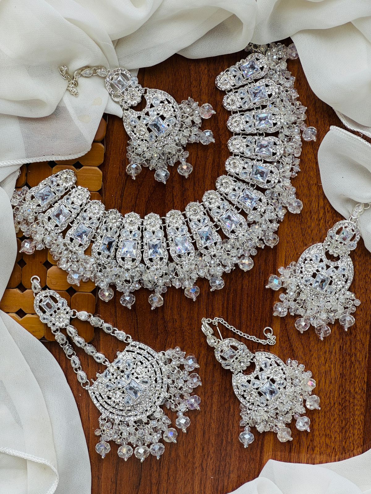 Bridal Wear - Silver Crystal Choker Jewelry Set.