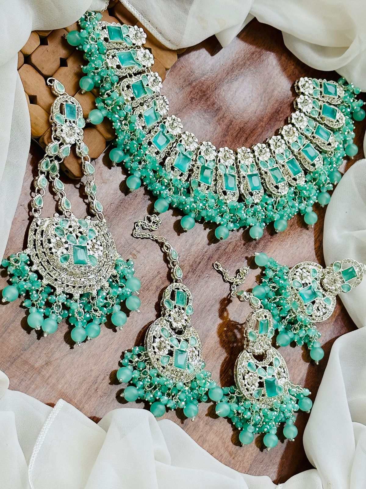 Bridal Wear - Mint Green Antique Silver Jewelry Set.