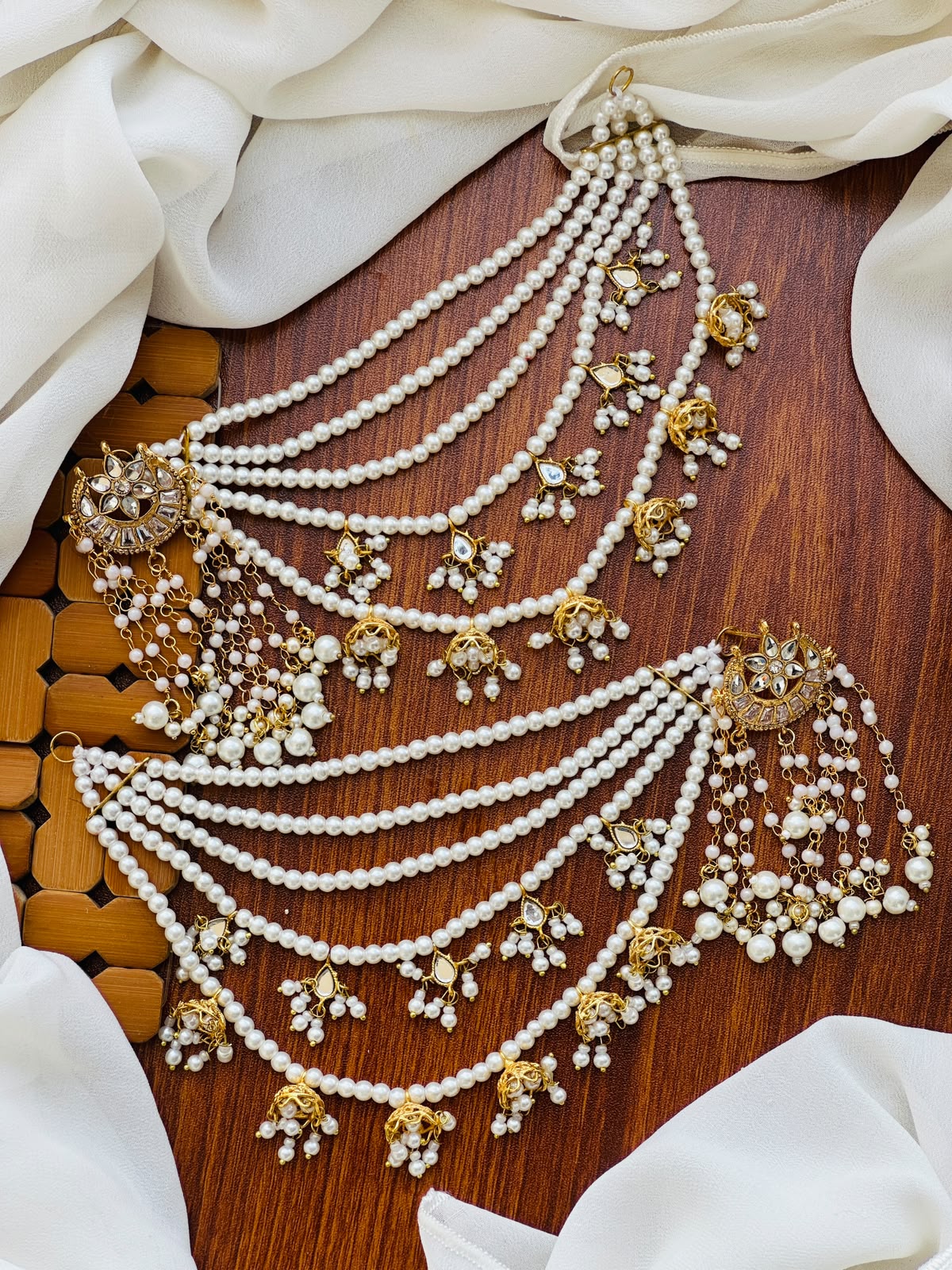 Party Wear - Kundan  Earrings with Pearl Tassels & Sahara