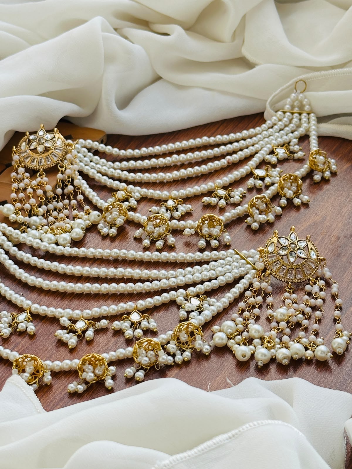 Party Wear - Kundan  Earrings with Pearl Tassels & Sahara