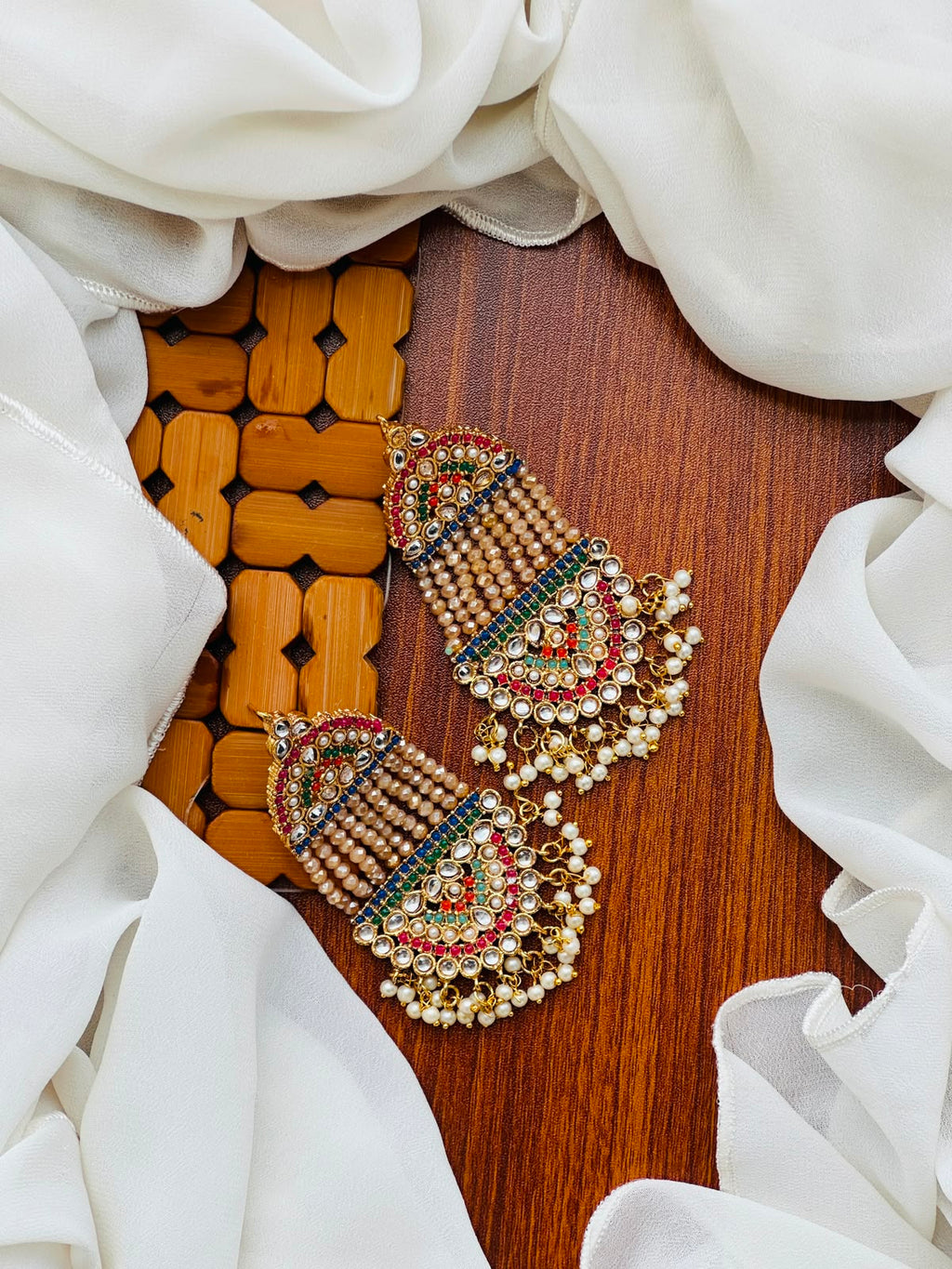 Party Wear - Multicolor Kundan & Peach Bead Earrings with Pearls