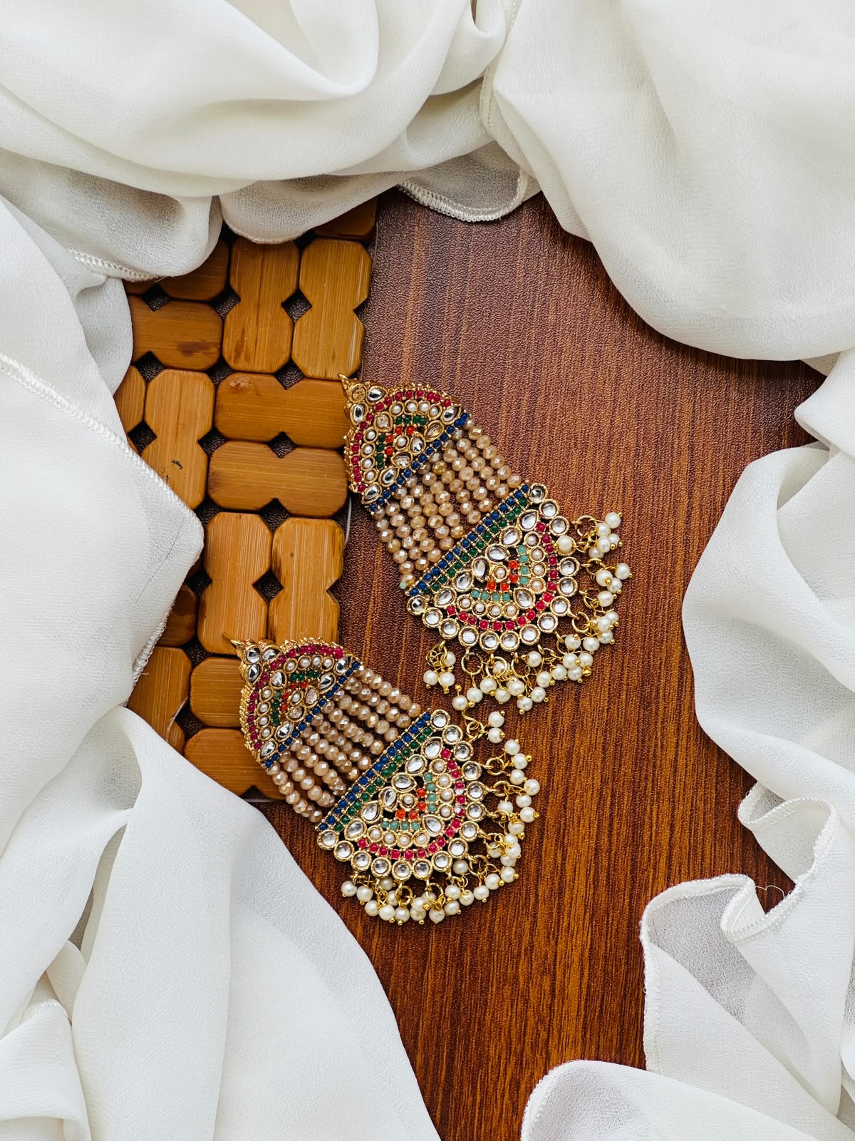 Party Wear - Multicolor Kundan & Peach Bead Earrings with Pearls