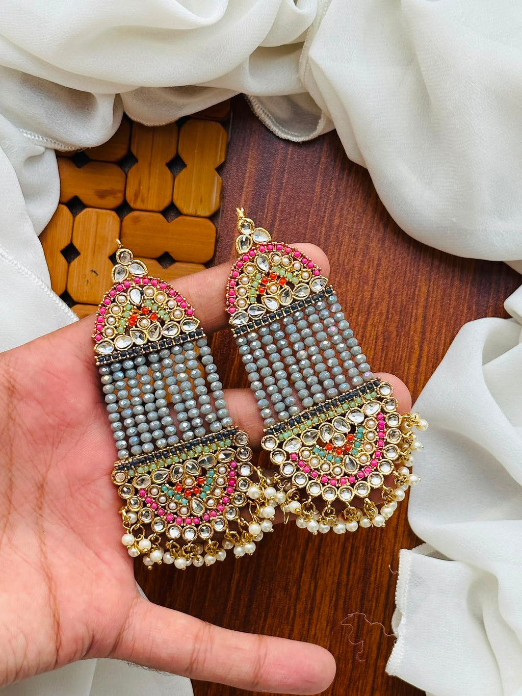 Party Wear - Multicolor Kundan & Grey Crystal Pearl Earrings