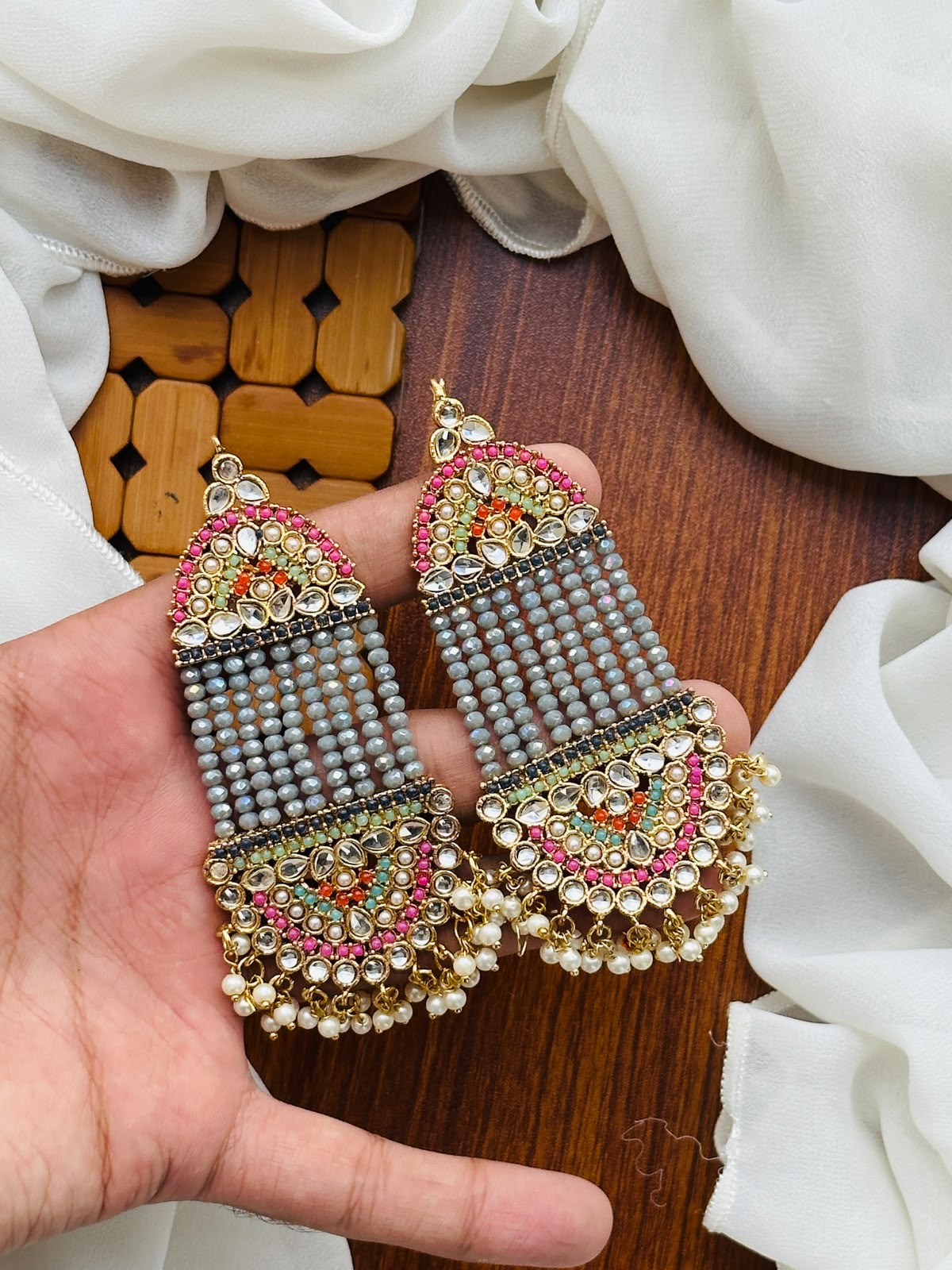 Party Wear - Multicolor Kundan & Grey Crystal Pearl Earrings