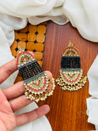 Party Wear - Multicolor Kundan & Black Bead Earrings with Pearls