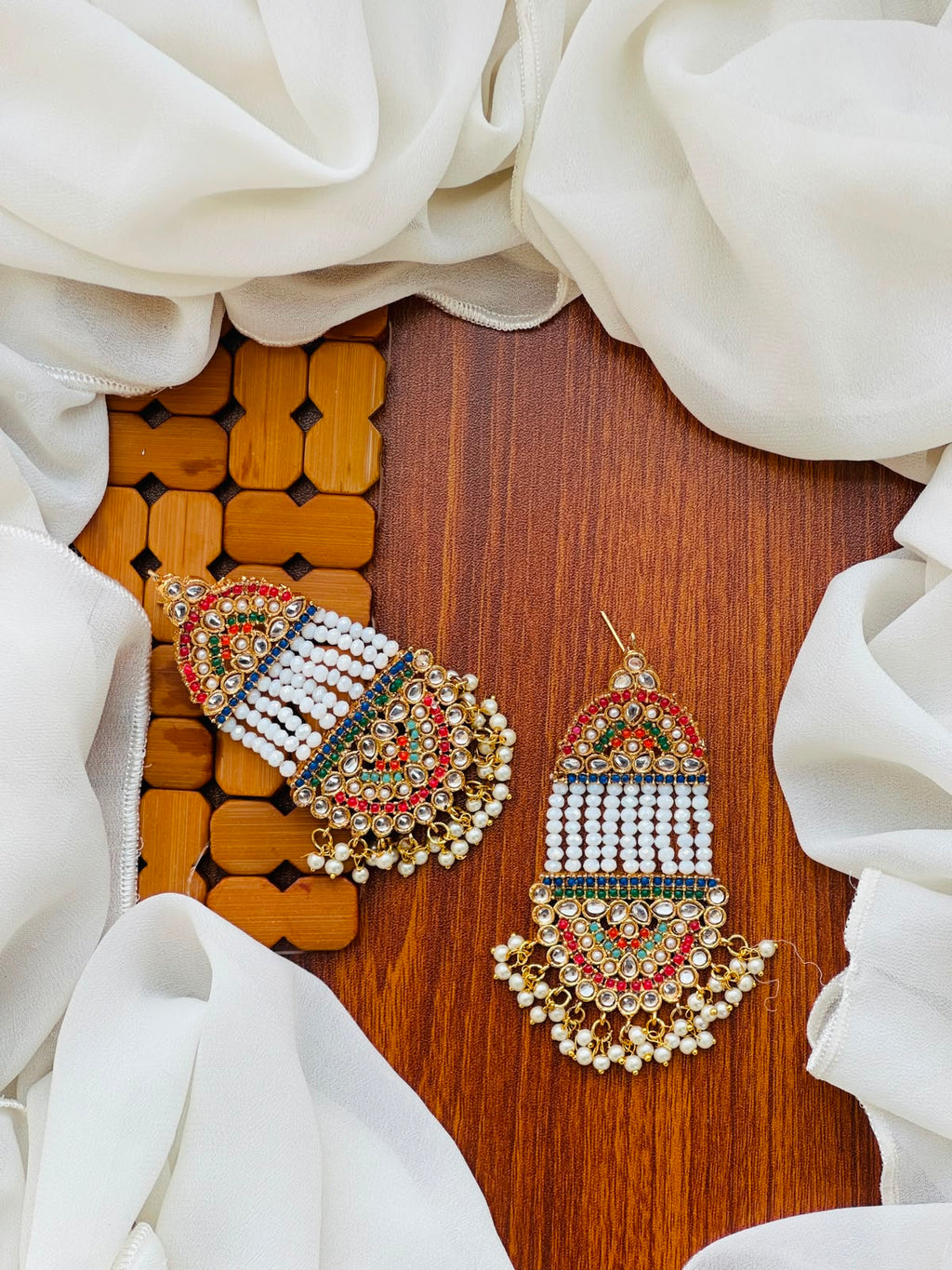 Party Wear - Multicolor Kundan & White Bead Earrings with Pearls