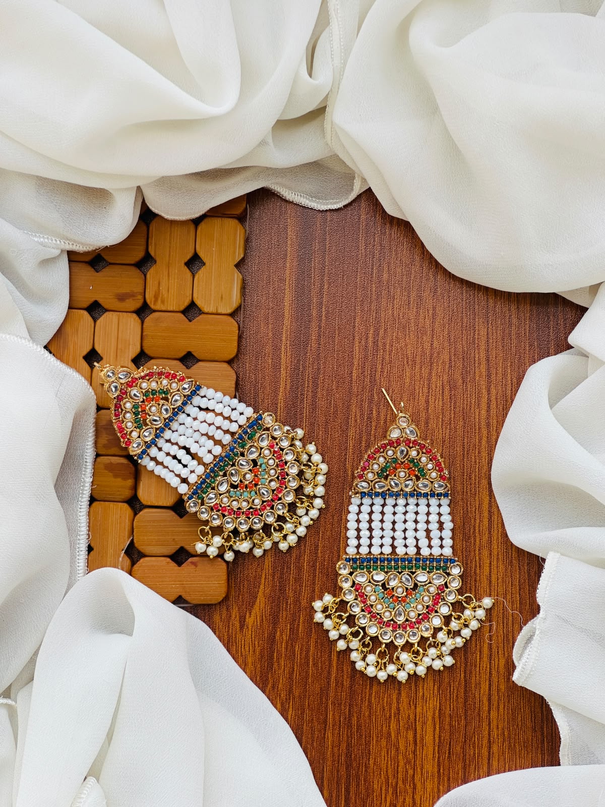 Party Wear - Multicolor Kundan & White Bead Earrings with Pearls