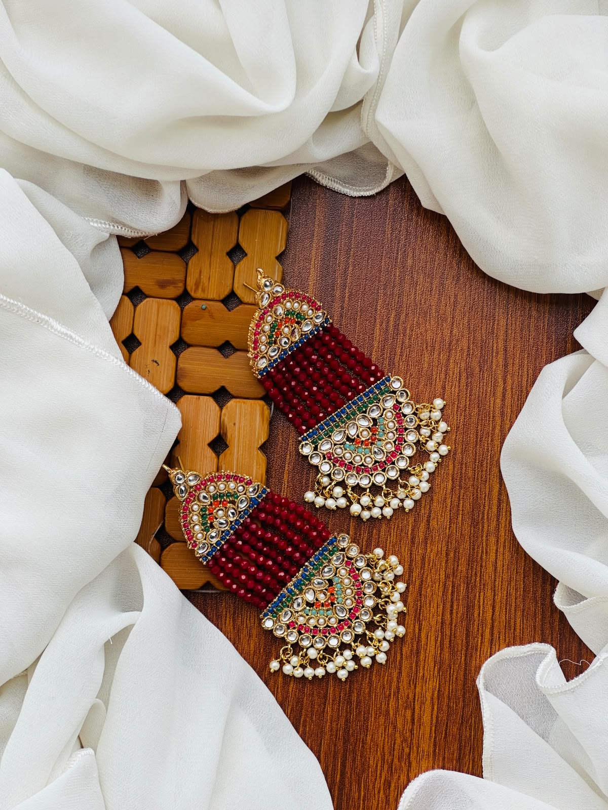 Party Wear -Multicolor Kundan & Maroon Bead Pearl Earrings