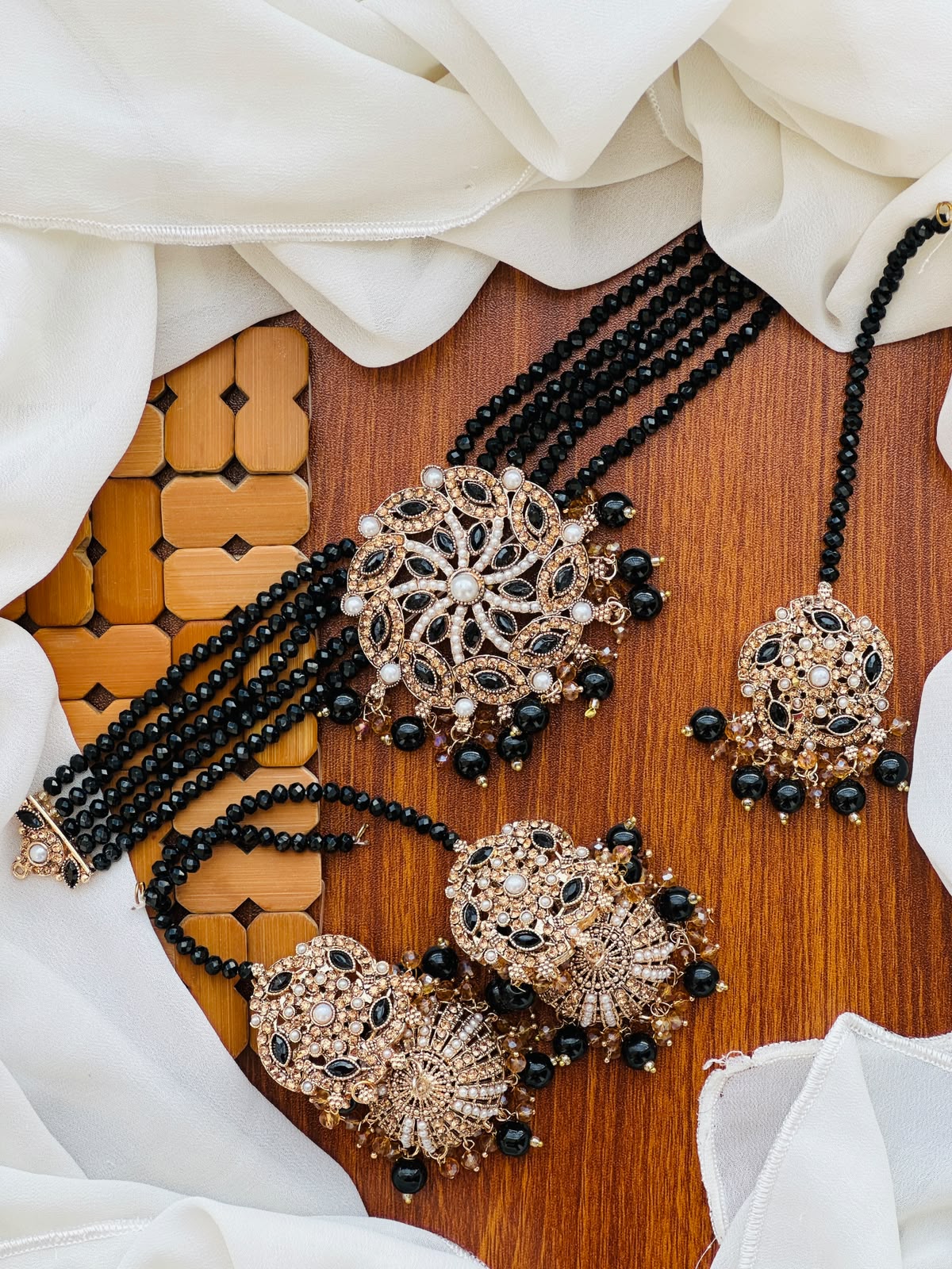 Party Wear - Elegant Black & Antique Gold Jewelry Set.
