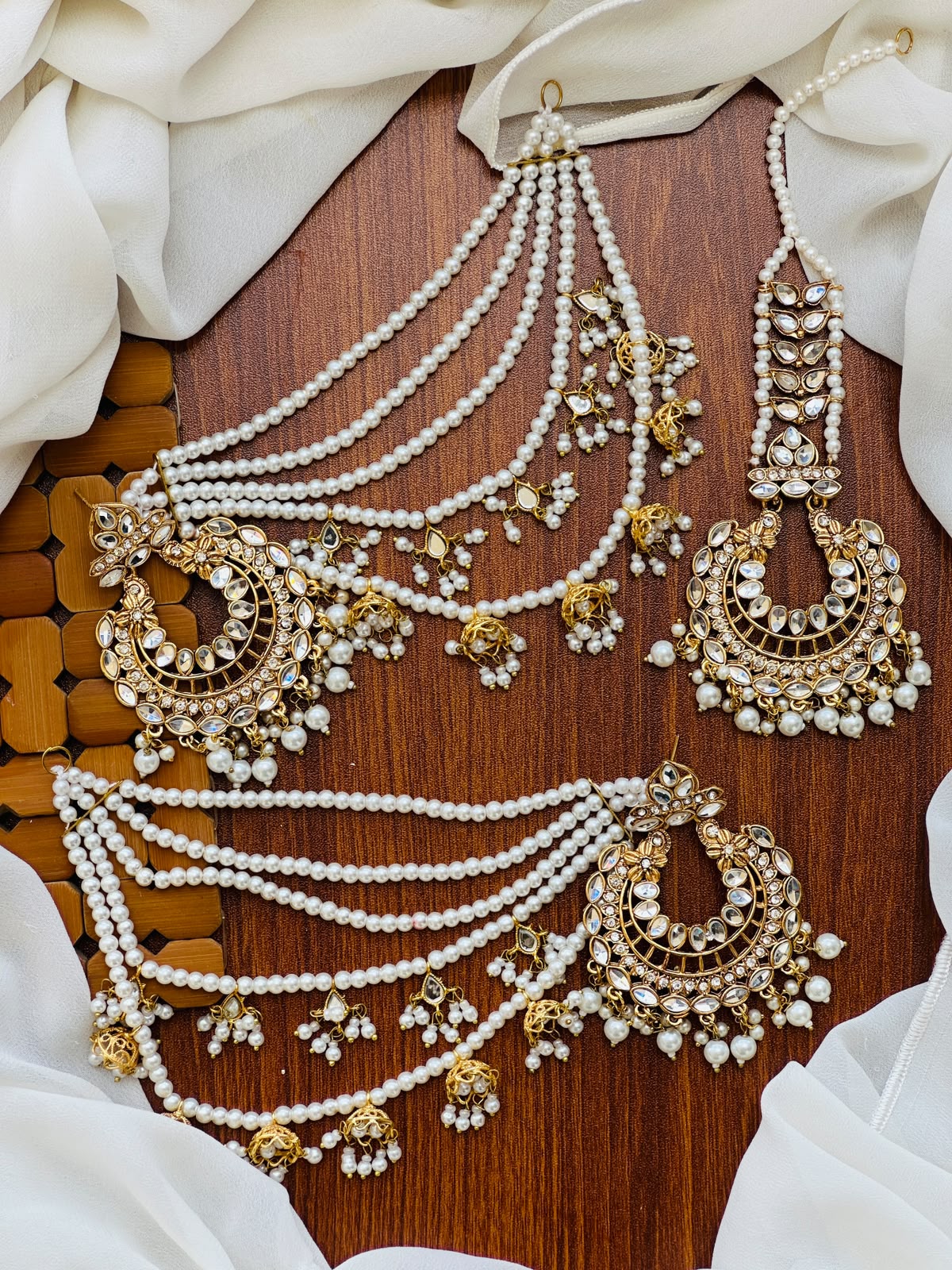 Party Wear - Kundan Chandbali & Tikka Set with Pearl Sahara