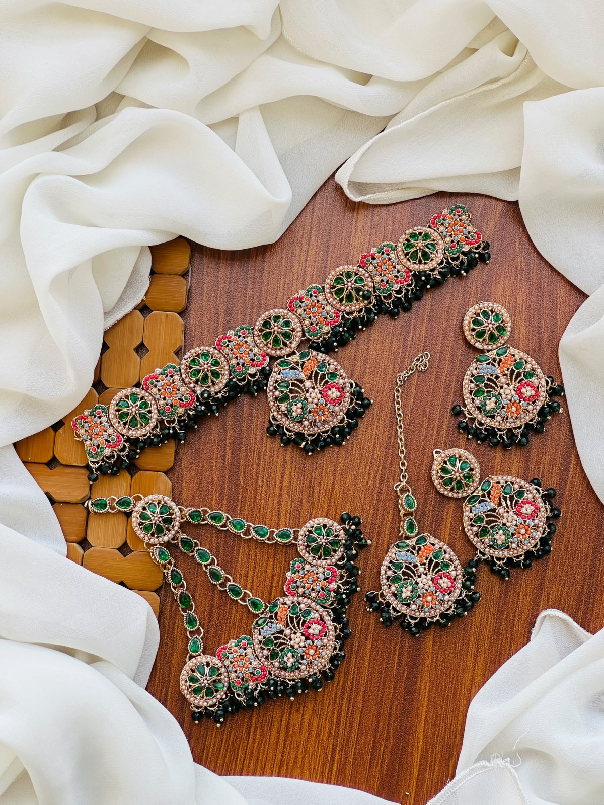 Bridal Wear - Royal Dark Green Multicolor Choker Jewelry Set