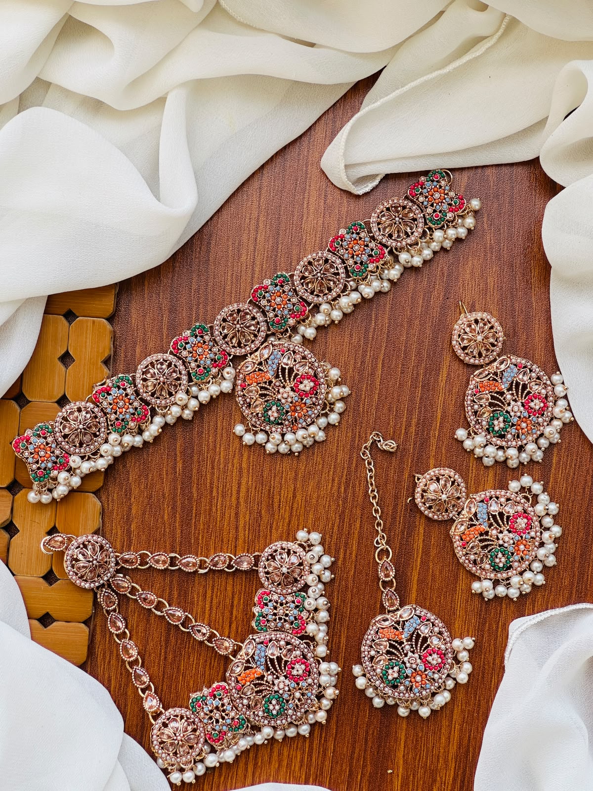 Bridal Wear - White Pearl & Multicolor Bridal Jewelry Set