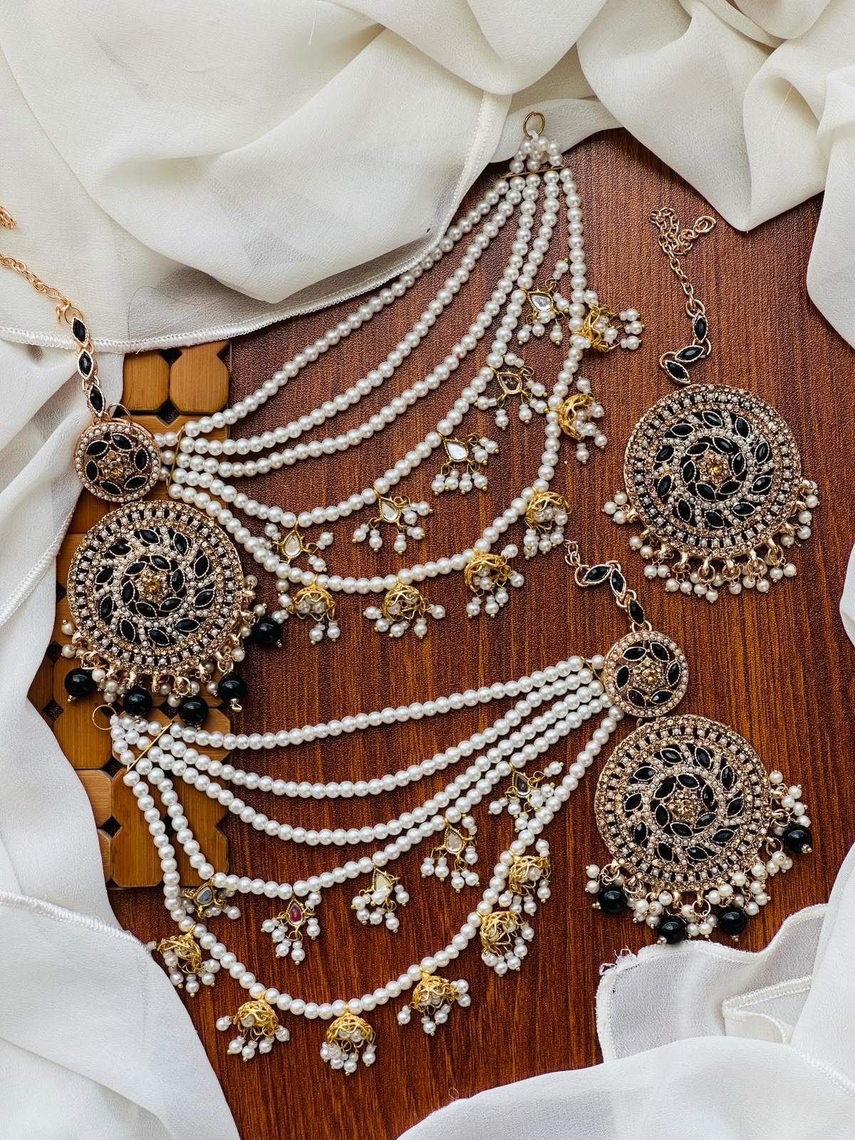 Party Wear - Black & Gold Earrings & Tikka Set with Sahara