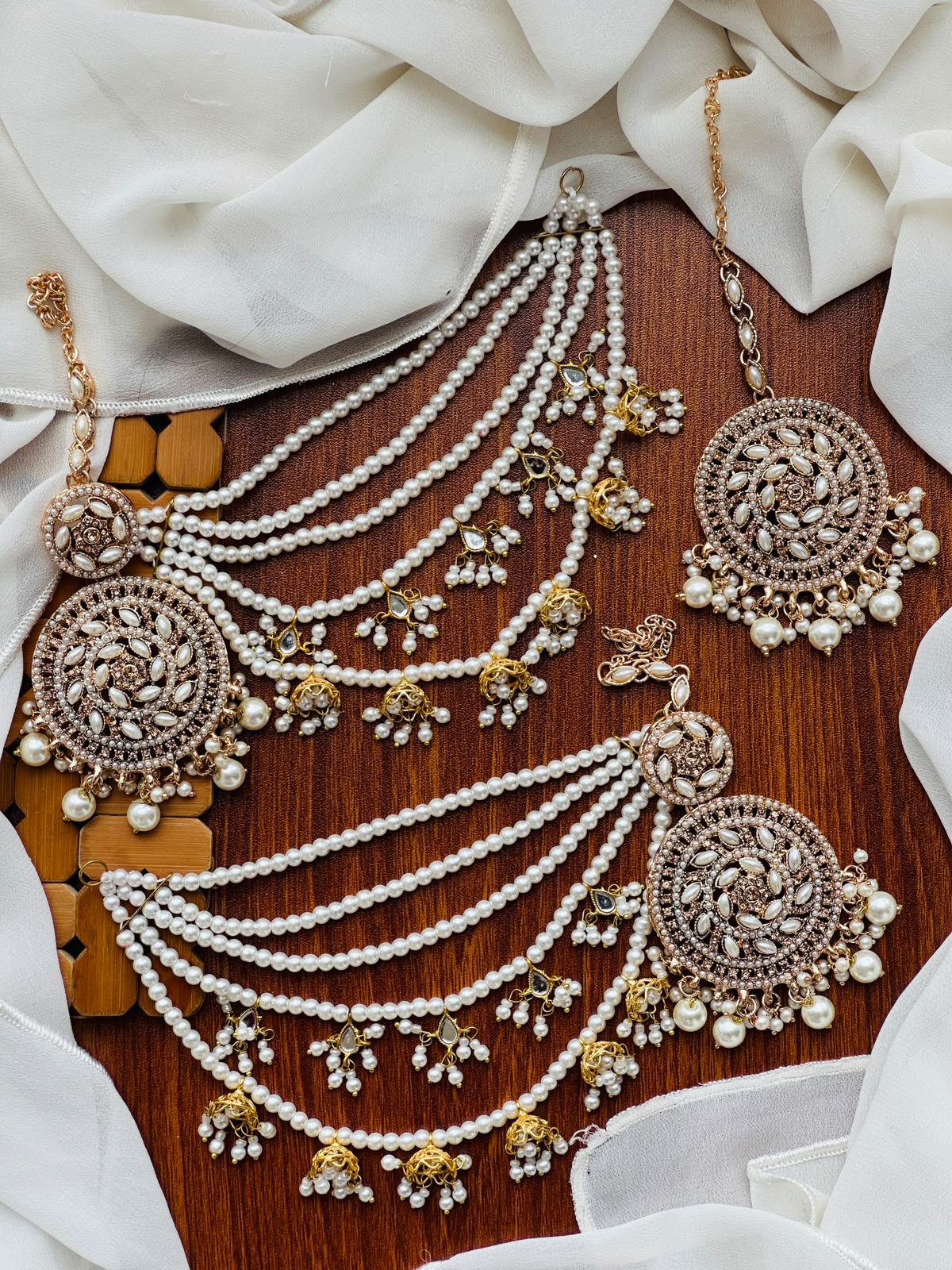 Party Wear - White Pearl Earrings & Tikka Set with Sahara