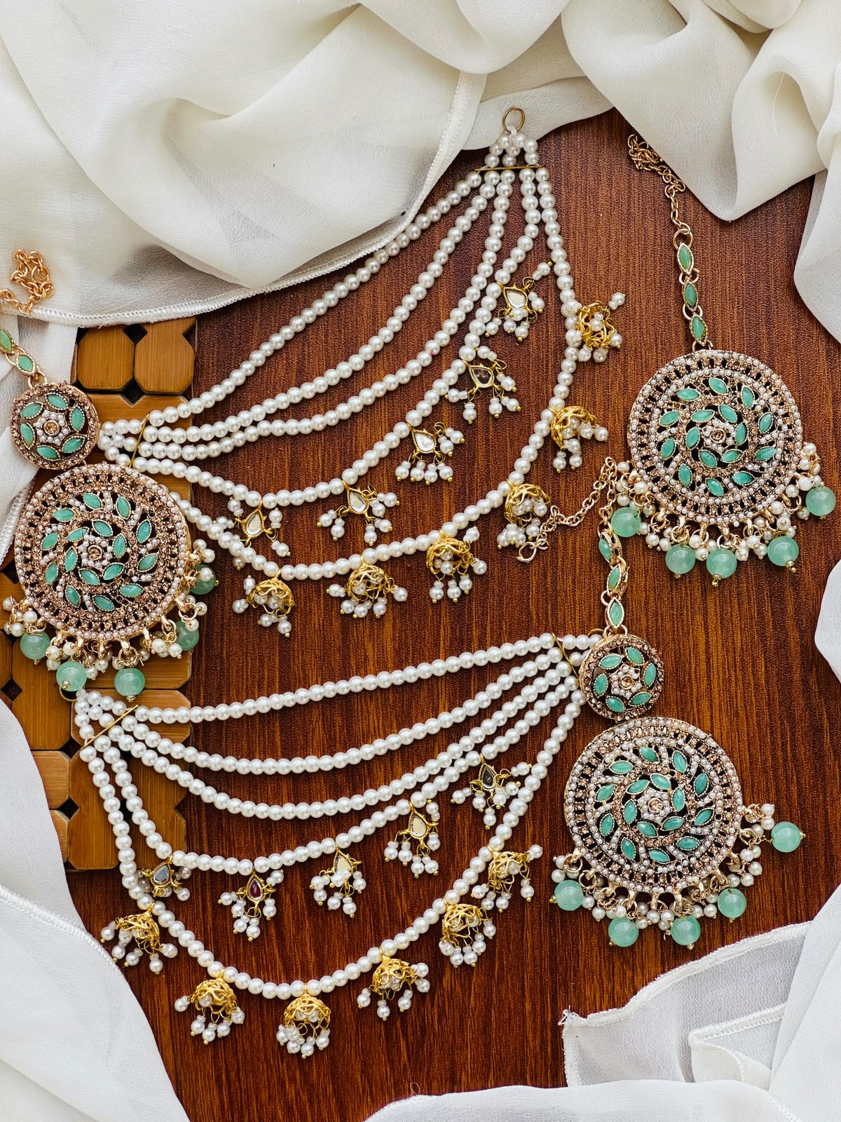 Party Wear - Mint Green Kundan Earrings & Tikka Set with Sahara