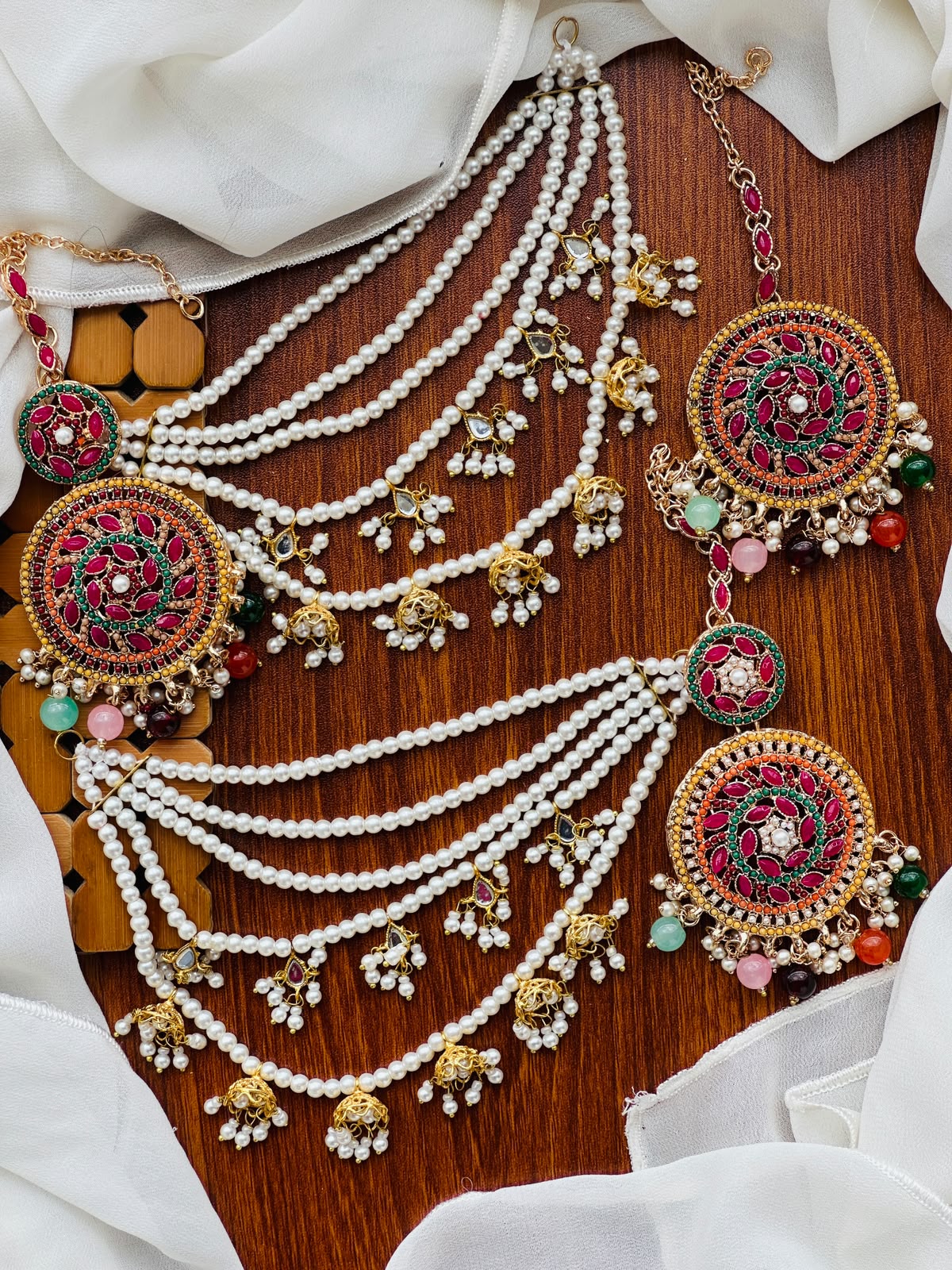 Party Wear - Multicolor Statement Earrings & Tikka Set with Sahara
