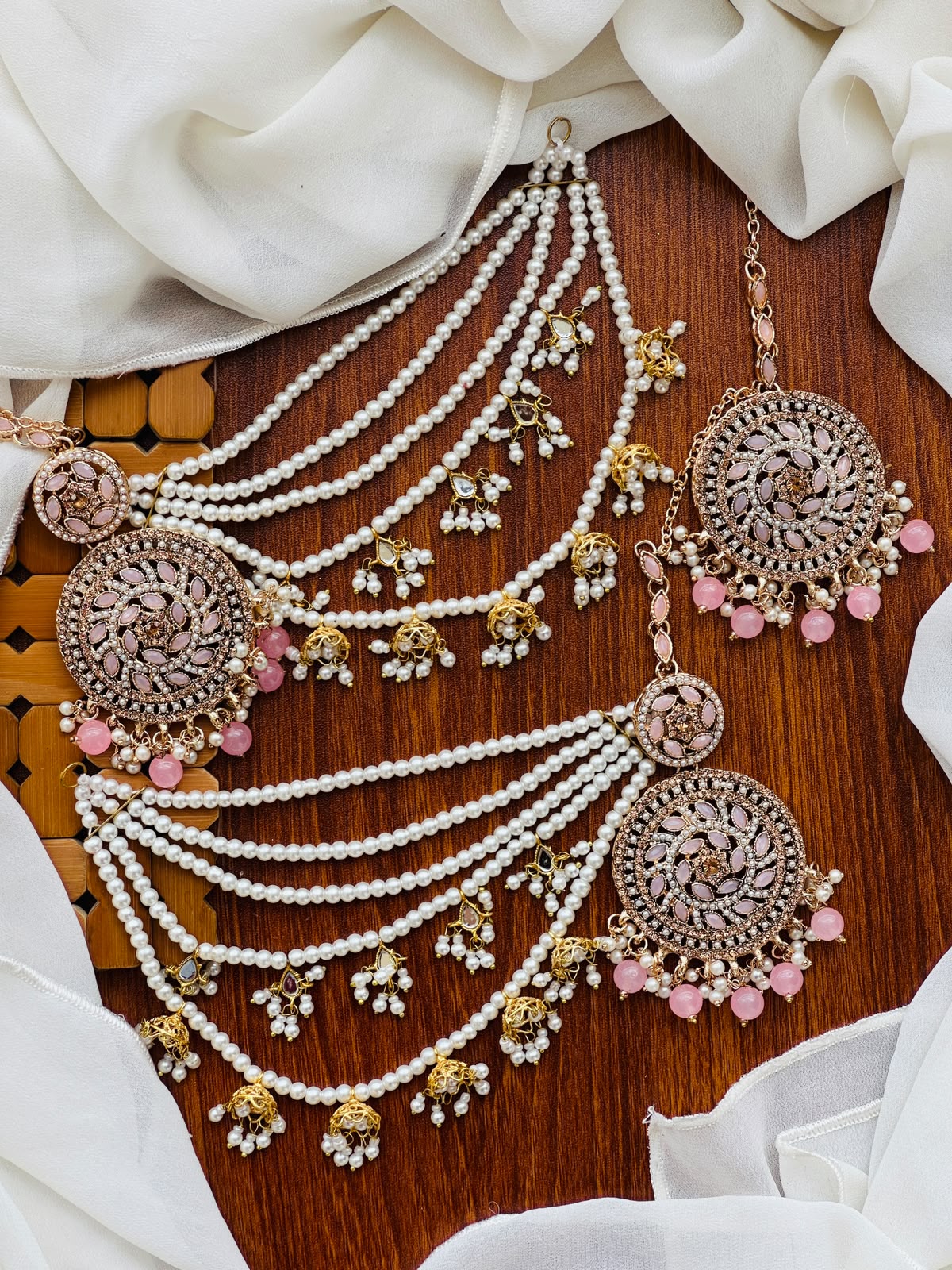 Party Wear - Soft Pink Earrings & Tikka Set with Sahara