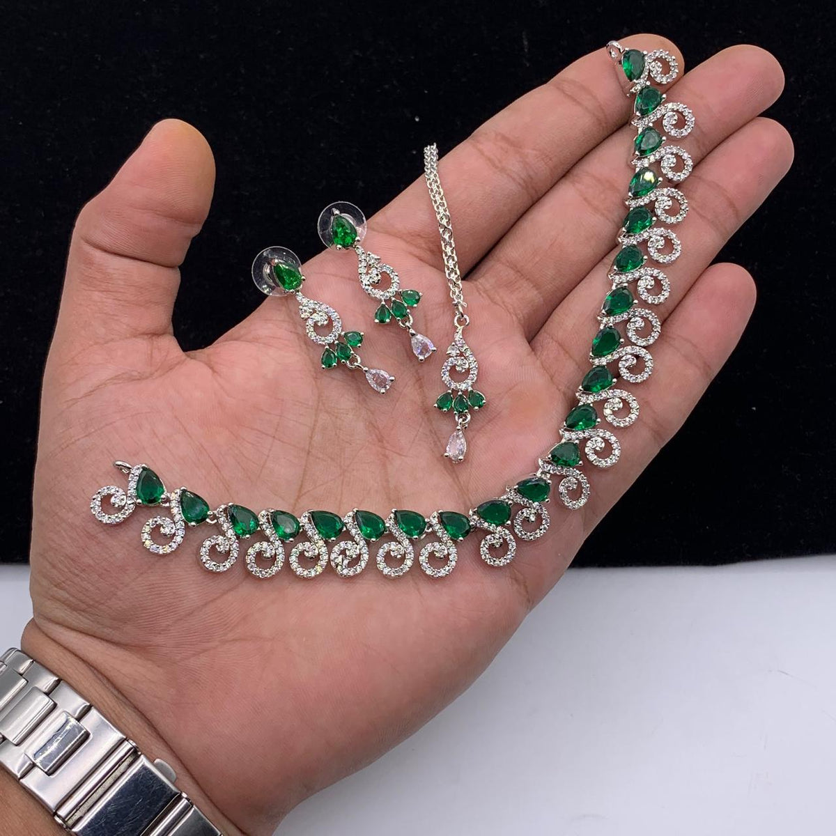 Party Wear-Elegant AD Zircon Swirl Pear-Drop Jewelry Set