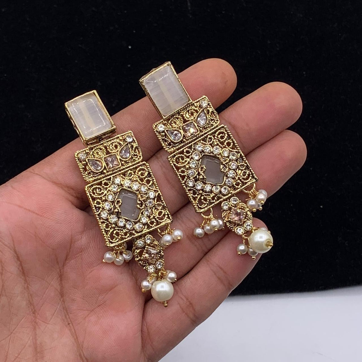 Elegant Antique Geometric Pearl Drop Earrings