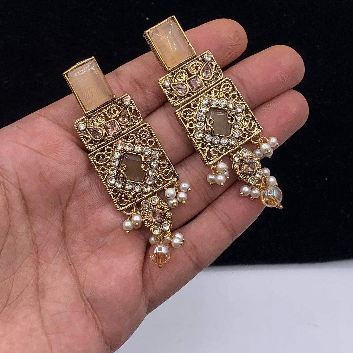 Elegant Antique Geometric Pearl Drop Earrings