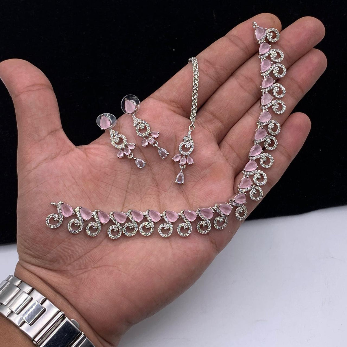 Party Wear-Elegant AD Zircon Swirl Pear-Drop Jewelry Set