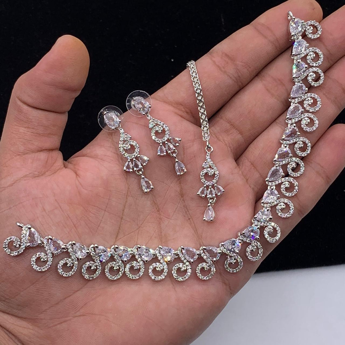 Party Wear-Elegant AD Zircon Swirl Pear-Drop Jewelry Set