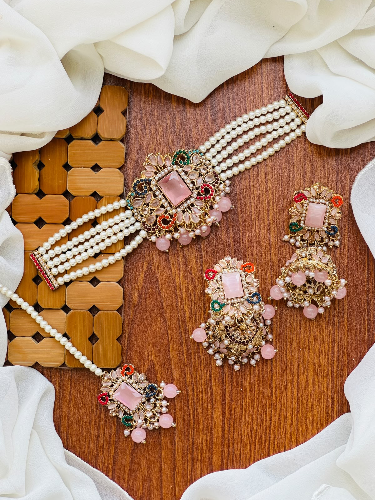 Party Wear - Royal Rectangular Gemstone Multi-Strand Pearl Choker Set