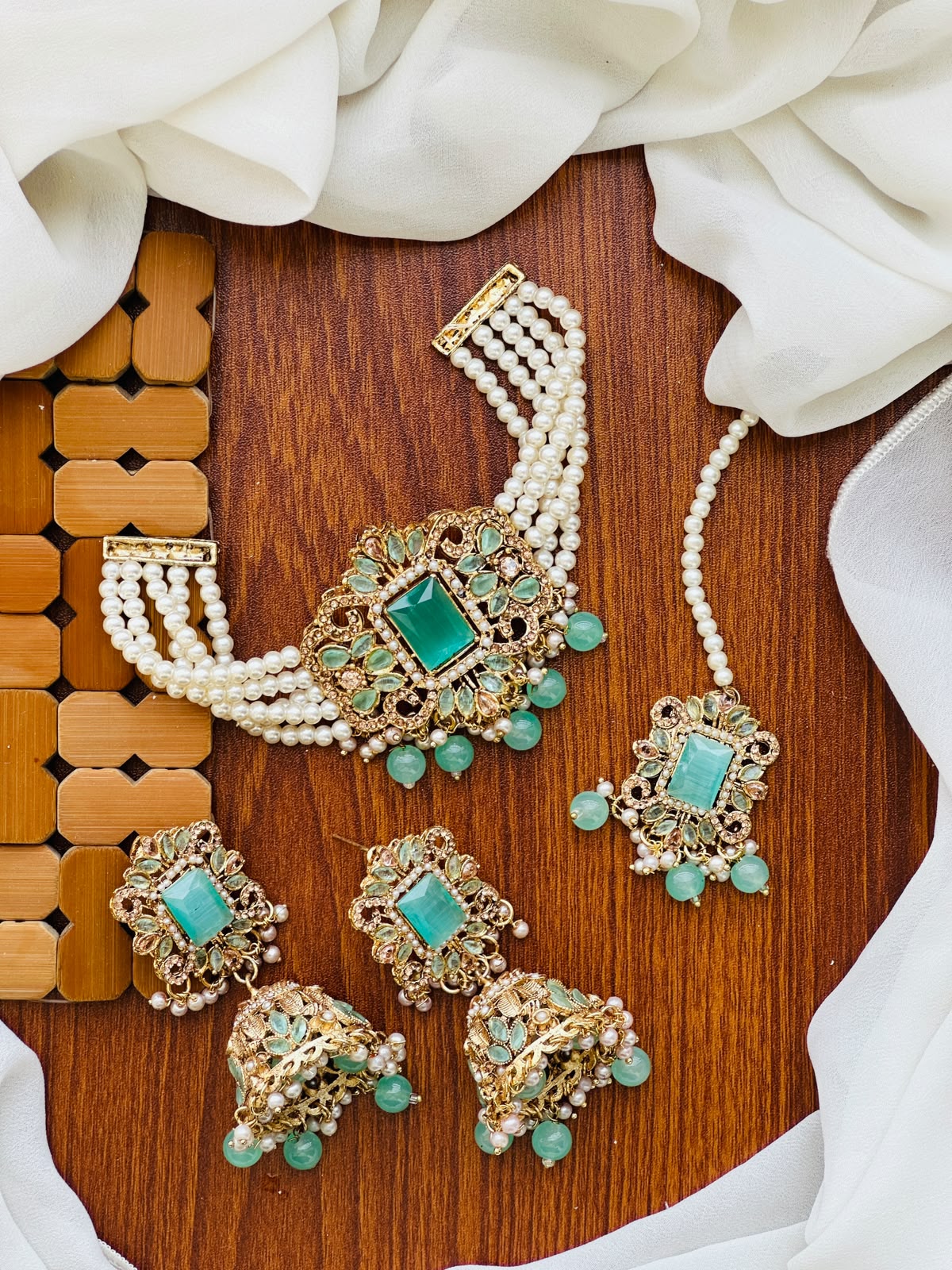 Party Wear - Royal Rectangular Gemstone Multi-Strand Pearl Choker Set
