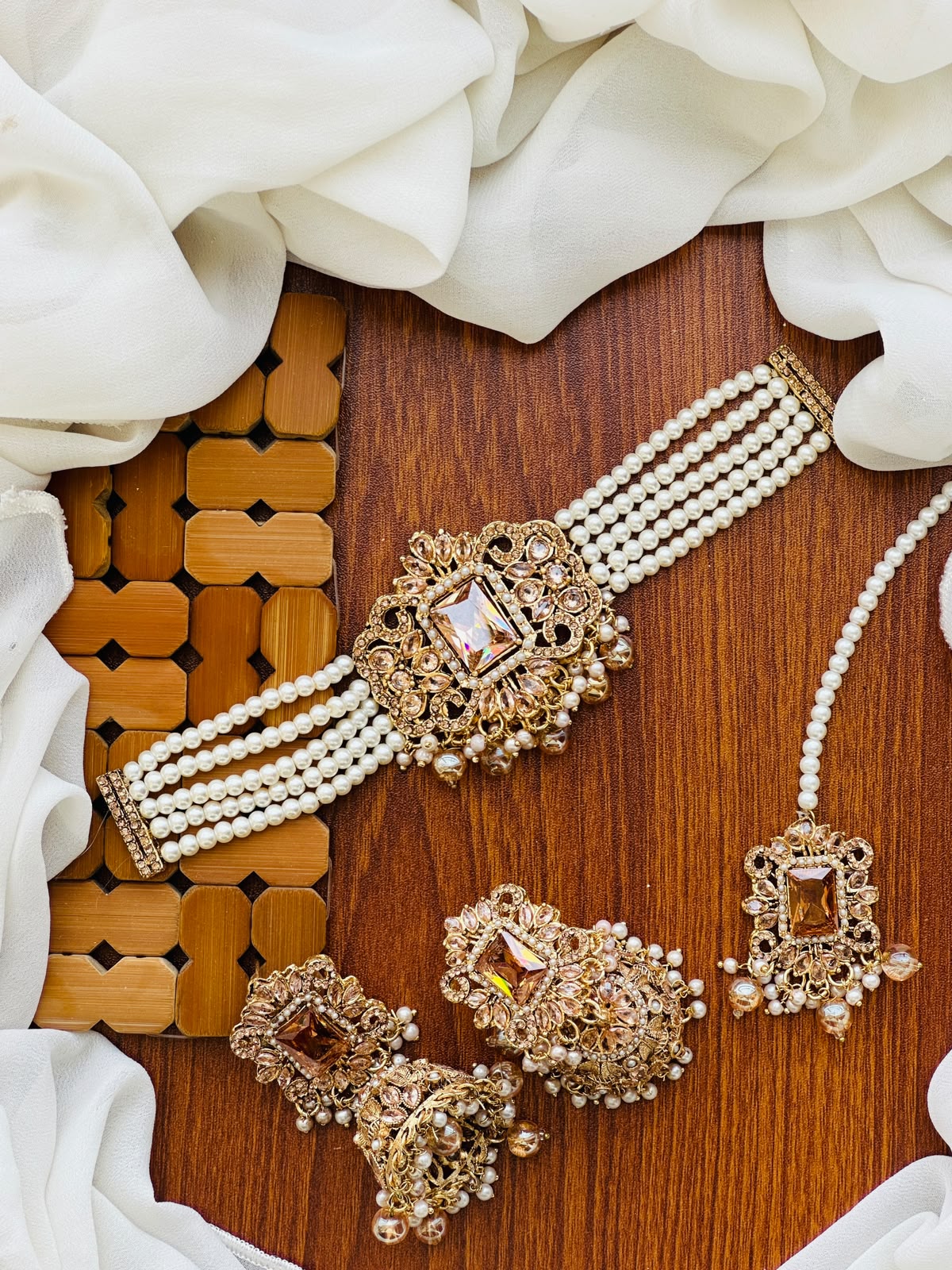Party Wear - Royal Rectangular Gemstone Multi-Strand Pearl Choker Set