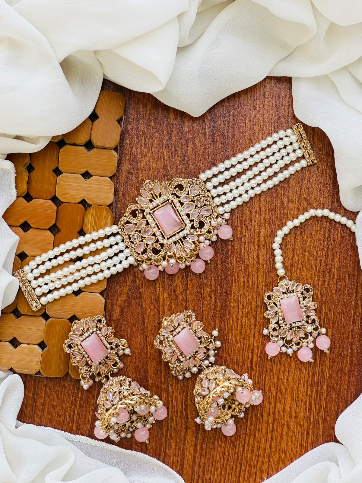 Party Wear - Royal Rectangular Gemstone Multi-Strand Pearl Choker Set