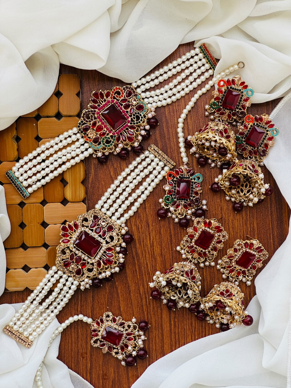 Party Wear - Royal Rectangular Gemstone Multi-Strand Pearl Choker Set