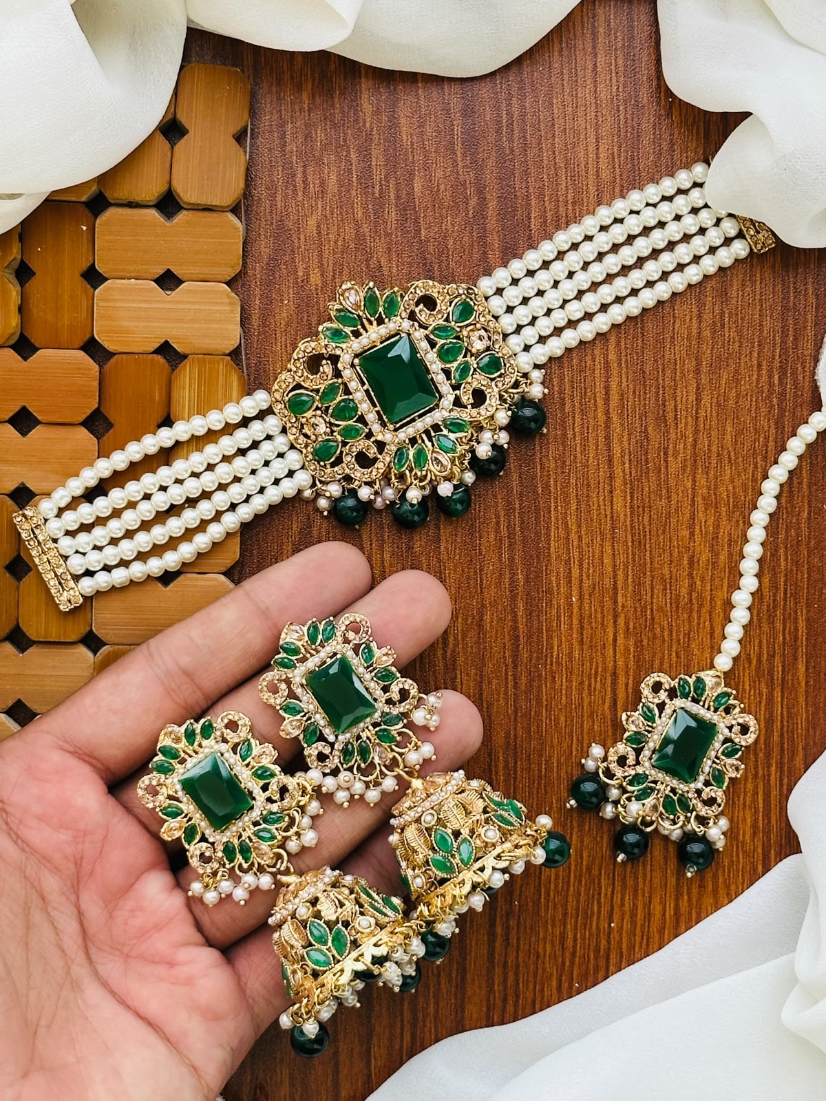 Party Wear - Royal Rectangular Gemstone Multi-Strand Pearl Choker Set