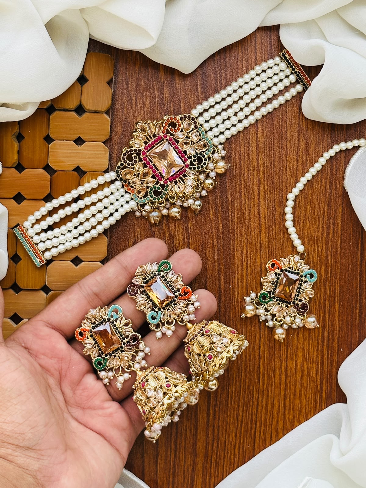 Party Wear - Royal Rectangular Gemstone Multi-Strand Pearl Choker Set