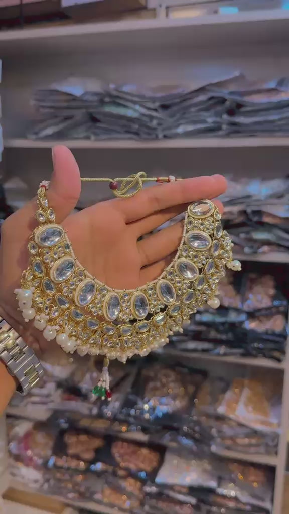 Bridal Wear - Royal Oval Kundan Choker, Jhumka & Tikka Set